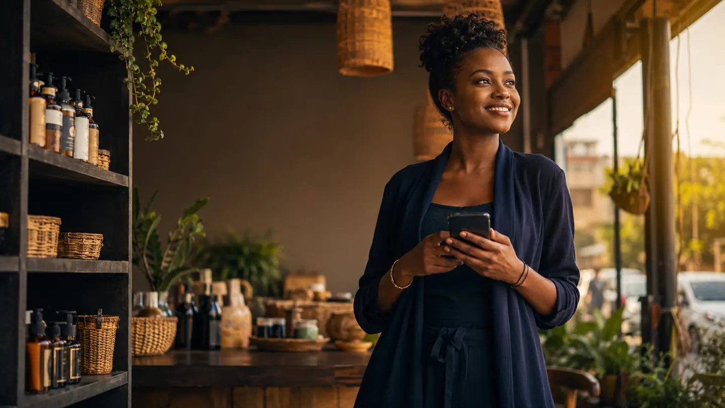 African entrepreneur using her phone in her business